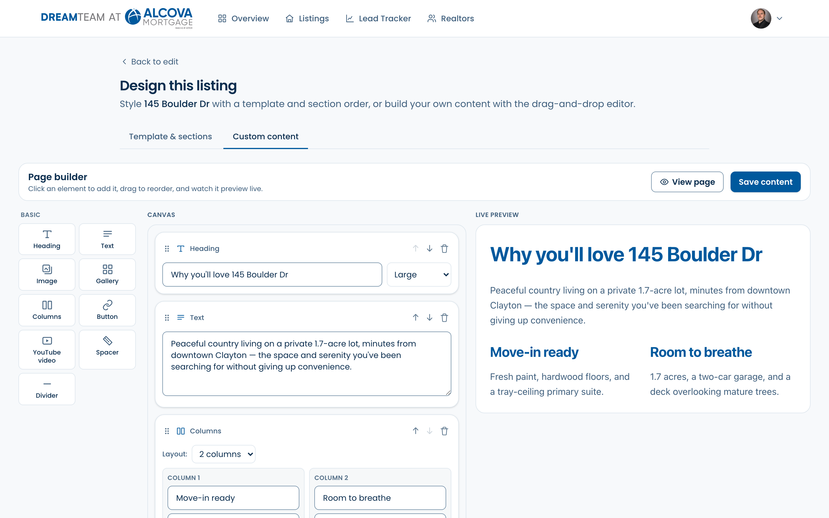 The three-pane listing builder with template and section controls on the left, a canvas, and a live preview