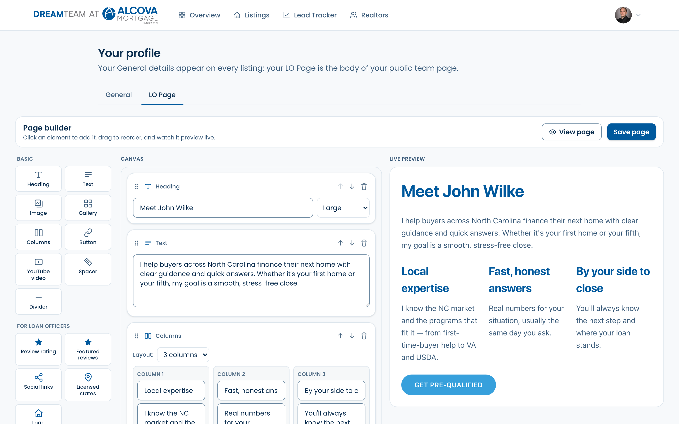 The LO Page builder with an element palette, a canvas of blocks, and a live preview