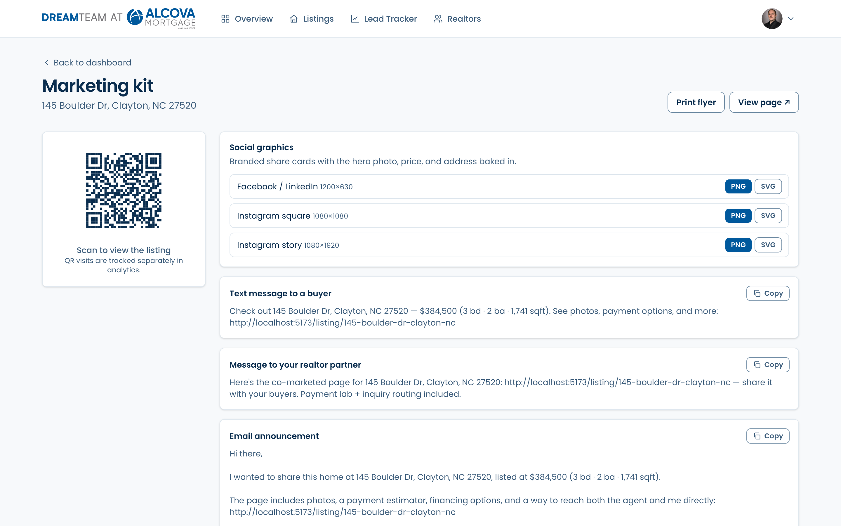 A listing's marketing kit with a QR code, social graphics, and copy-paste snippets
