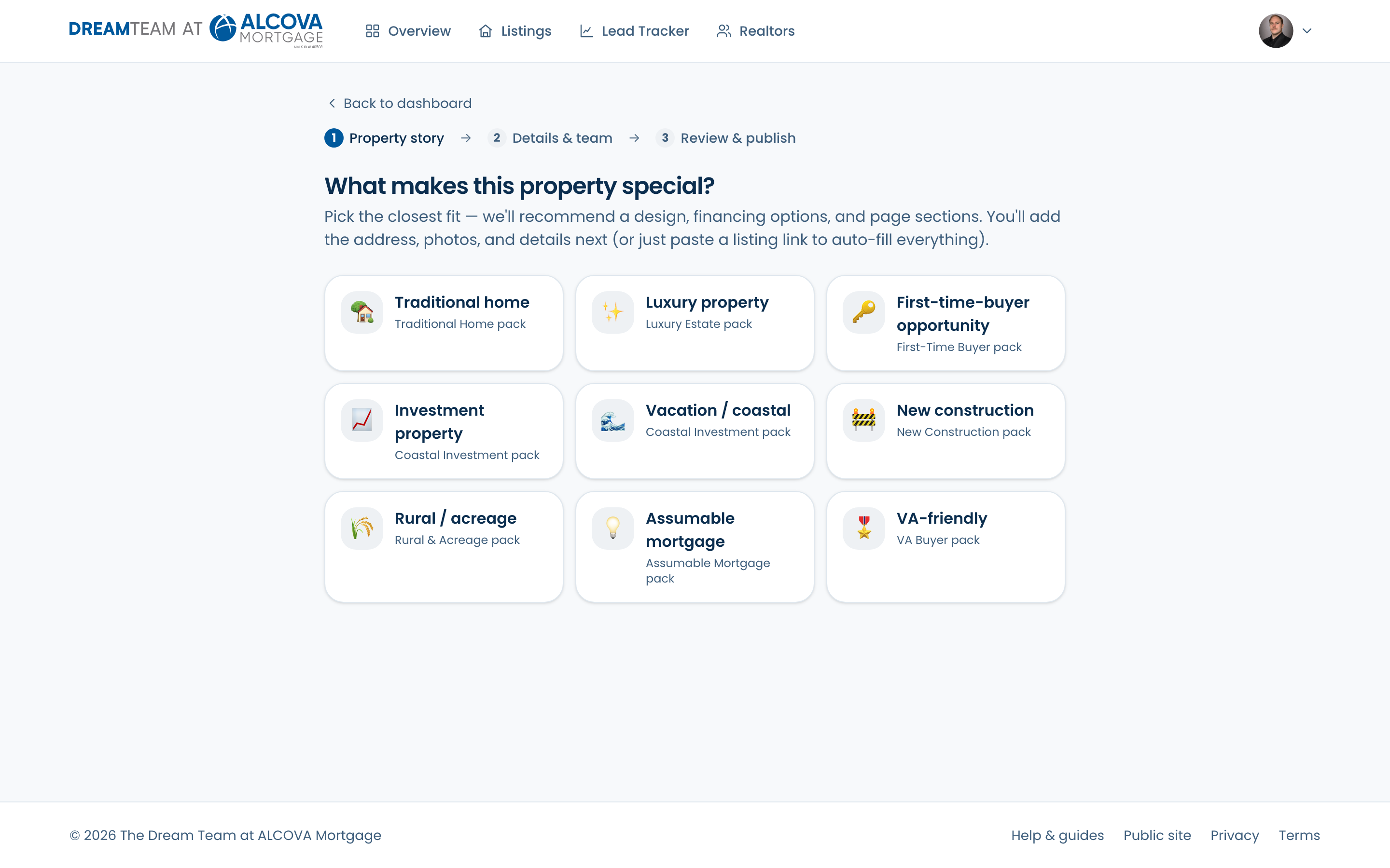 The story-first new-listing wizard showing property-story tiles