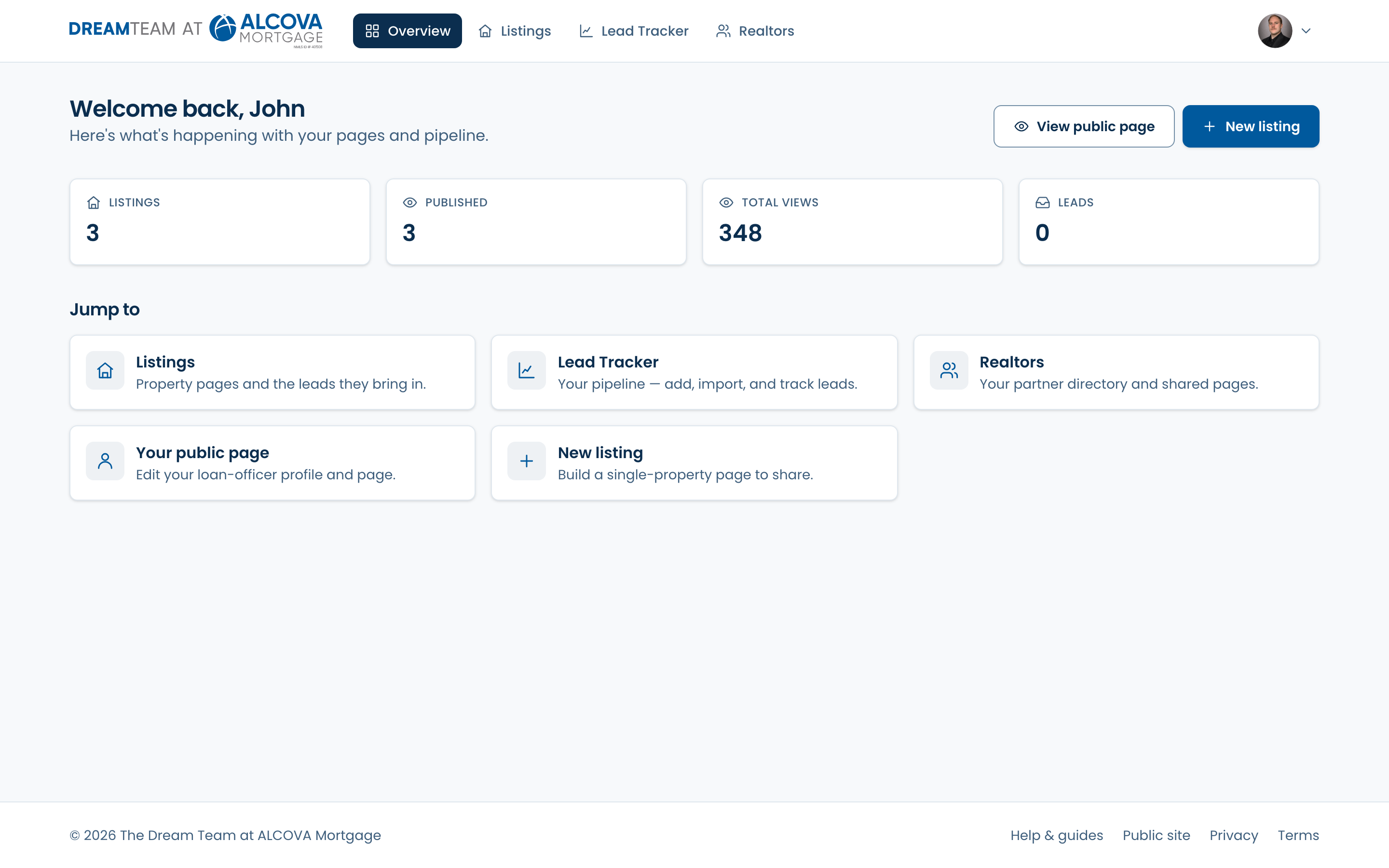 The dashboard Overview screen showing stat cards and listing cards