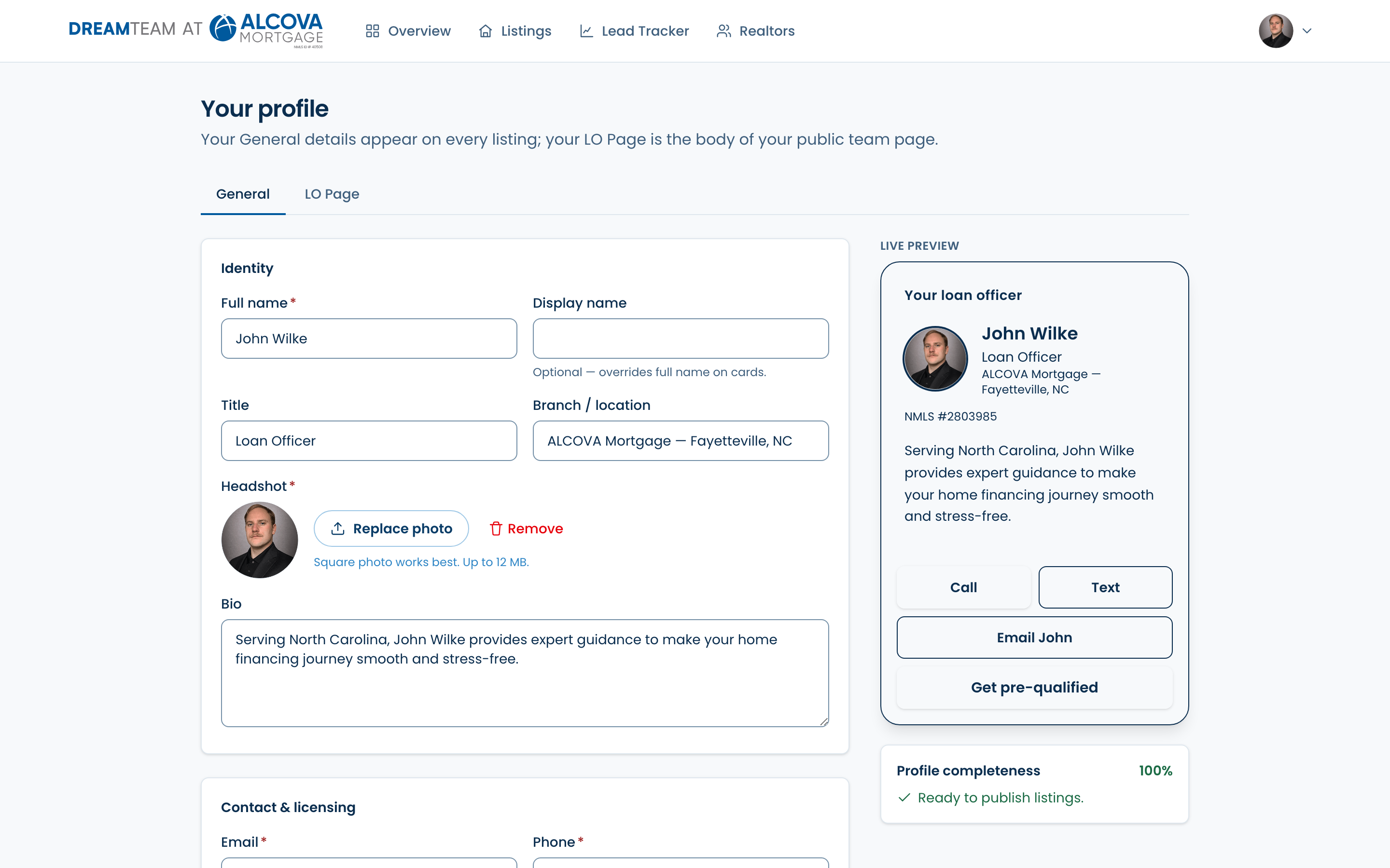 The profile editor on the General tab, with a live loan-officer card preview