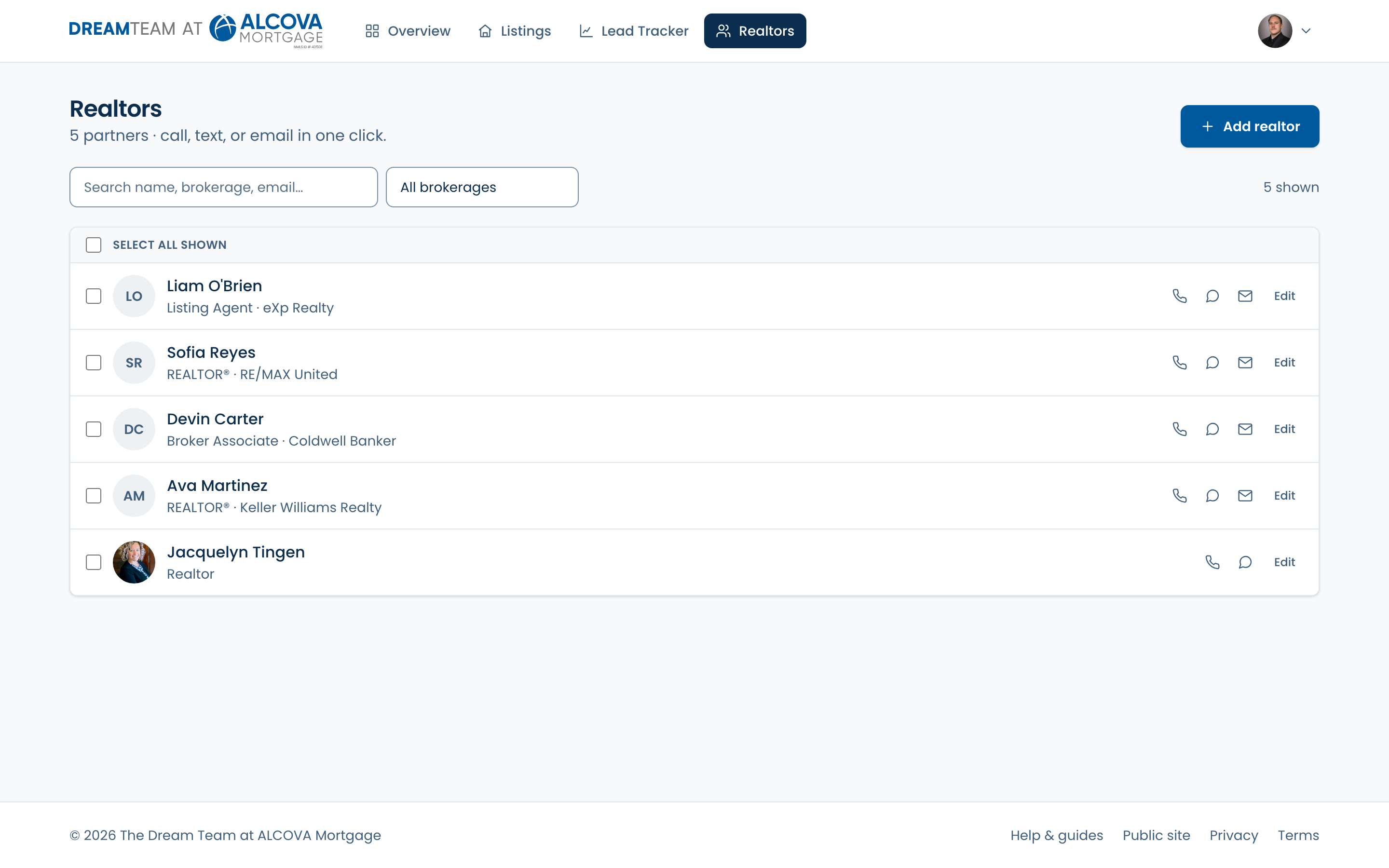 The realtor contact book with search and per-row call, text, and email buttons
